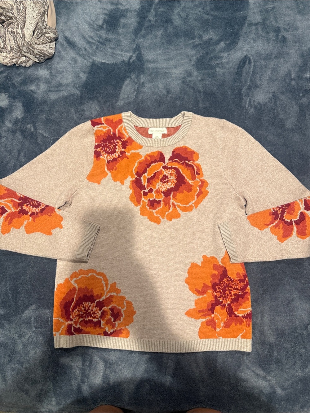 Cynthia Rowley Blush Crewneck Sweater with Orange Floral Motif